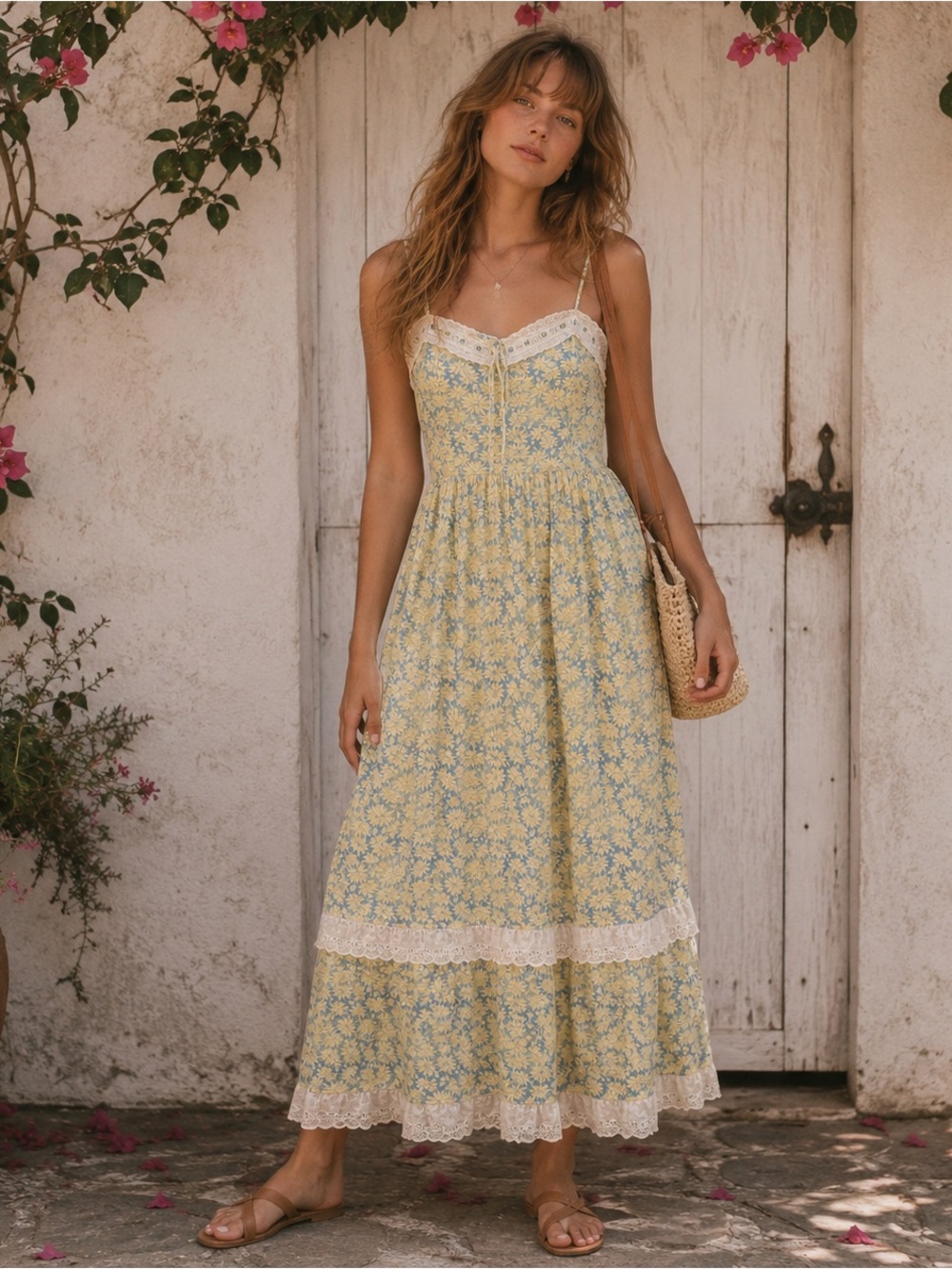 Christy Dawn Emma Sky Chamomile Large Floral Lace-Trim Maxi Dress Yellow Blue
